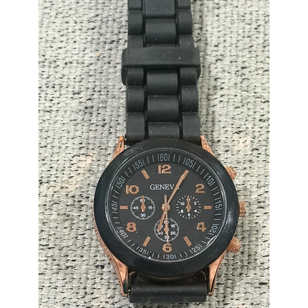 Geneva Watch Black Silicone Band Gold Accents Women's‎ Fashion Wristwatch